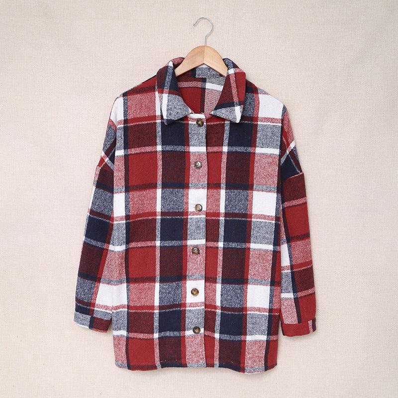 Women's Long-sleeved Lapel Button-breasted Plaid Shirt Jacket - Cruish Home