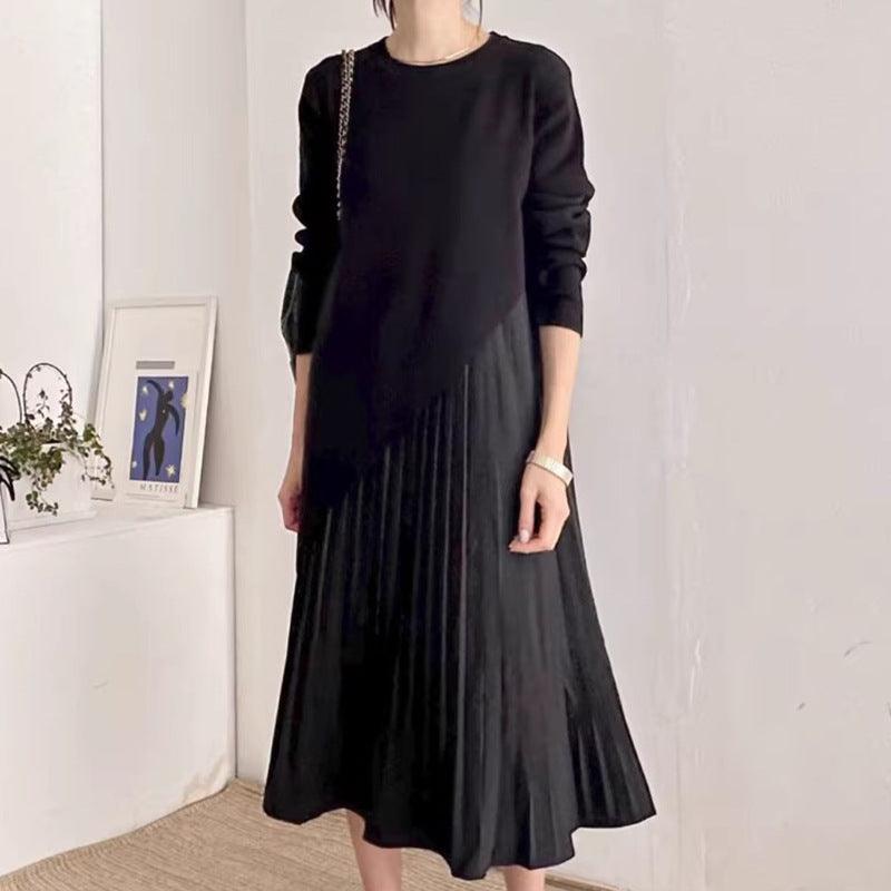 Autumn Elegance Retro Round Neck Irregular Design Loose Casual Patchwork Pleated Dress Women - Cruish Home