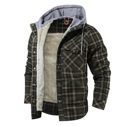 Men Warm Jacket Fleece Lining Lumberjack Plaid Hooded Jackets Snap Button - Cruish Home