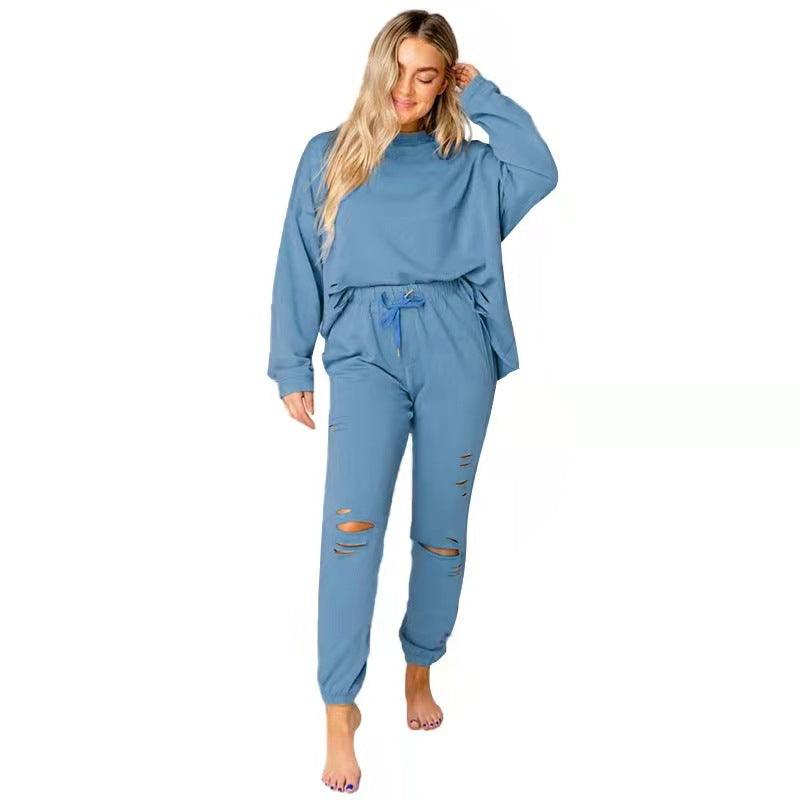 Women's Solid Color Ripped Round Neck Pullover Pants Casual Long Sleeve Sweatshirt Cotton Suit - Cruish Home