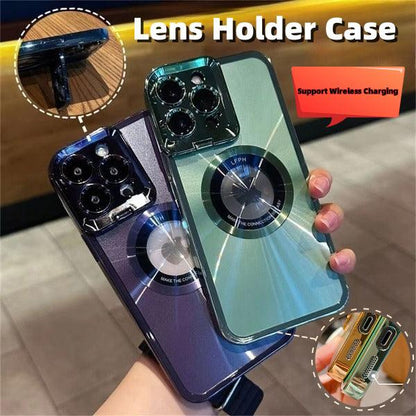 Electroplated Phone Case Luxury Plating CD Pattern Magsafe Bracket Case For 12 13 14 Pro Max Invisible Camera Stand Holder Lens Holder Magnetic Suction - Cruish Home