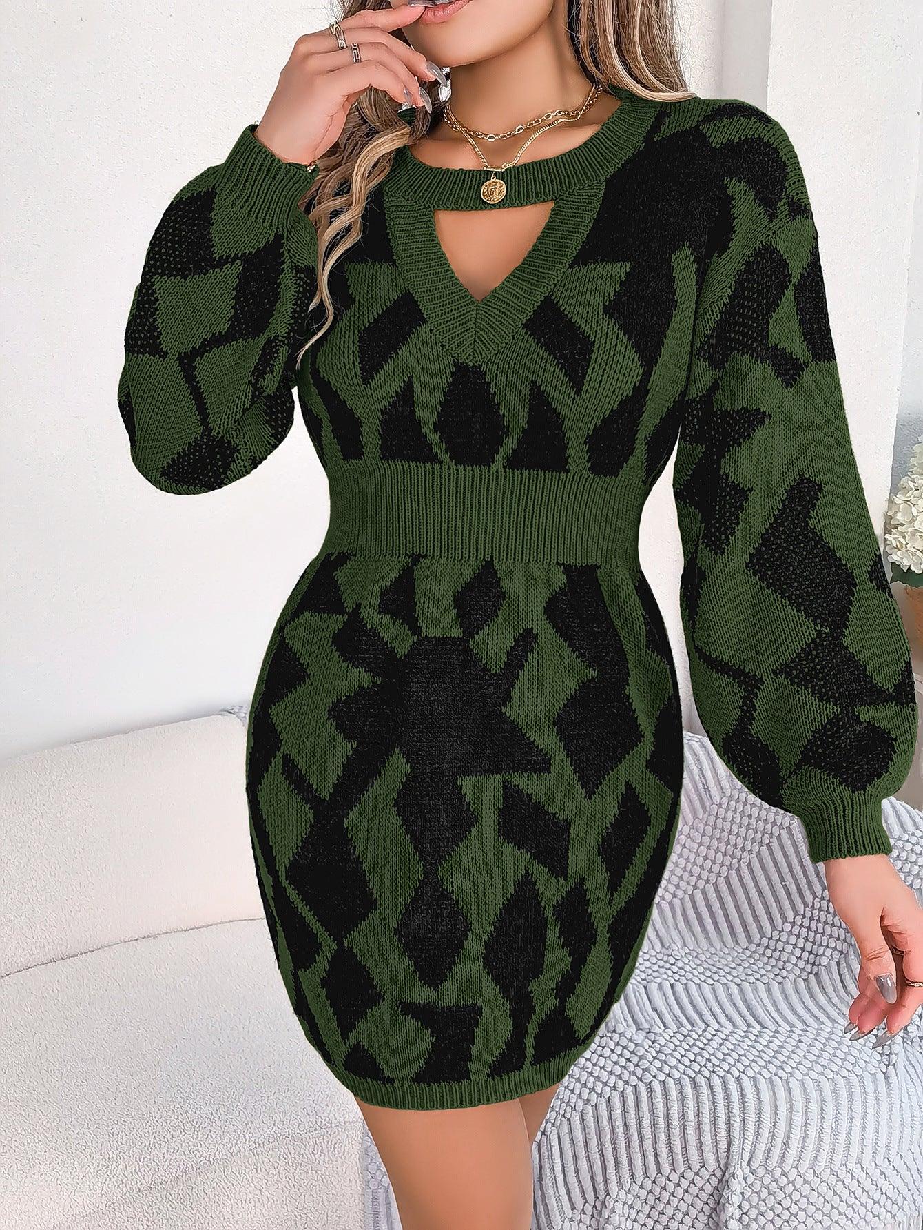 Color Matching Hollow Out Lantern Sleeve Fitted Waist Sweater Dress - Cruish Home