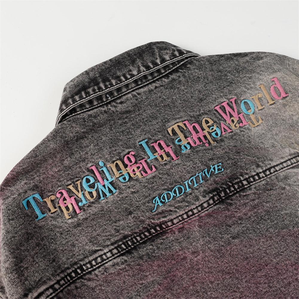 Colored String Spray Embroidery Denim Coat Tie-dyed Washed And Worn Loose - Cruish Home