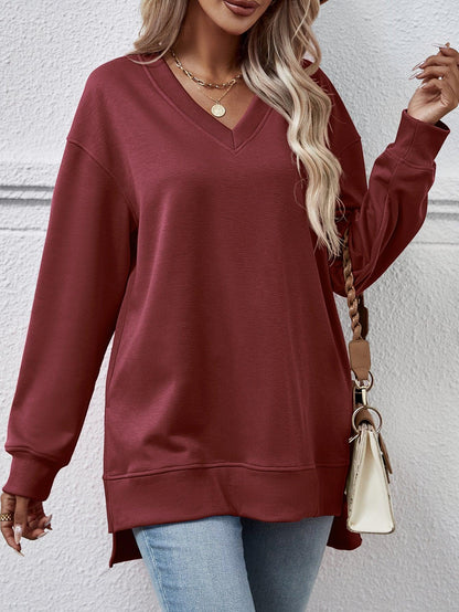 Solid Color And V-neck Split Front Short Back Long Sweater - Cruish Home