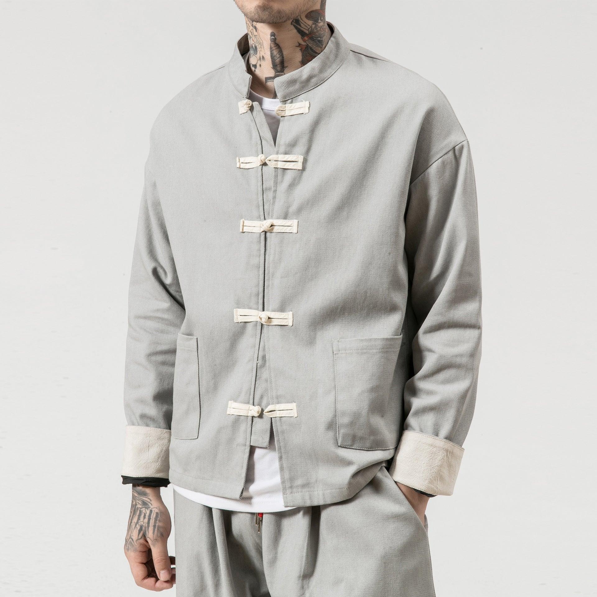 New disc buckle cotton and linen men's casual jacket Chinese style retro large size fashion linen Tang suit male - Cruish Home
