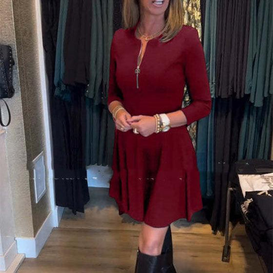 Women's Solid Color Slim Round Neck Long-sleeve Zipper Dress - Cruish Home