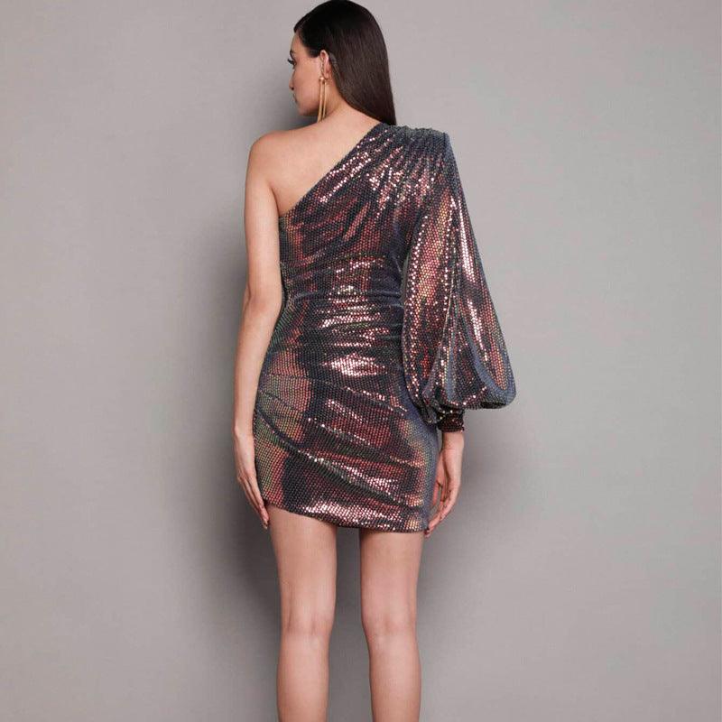 Women's Clothing Sexy One-shoulder Sequins Dress Slim-fit Flared Sleeves Sequin - Cruish Home