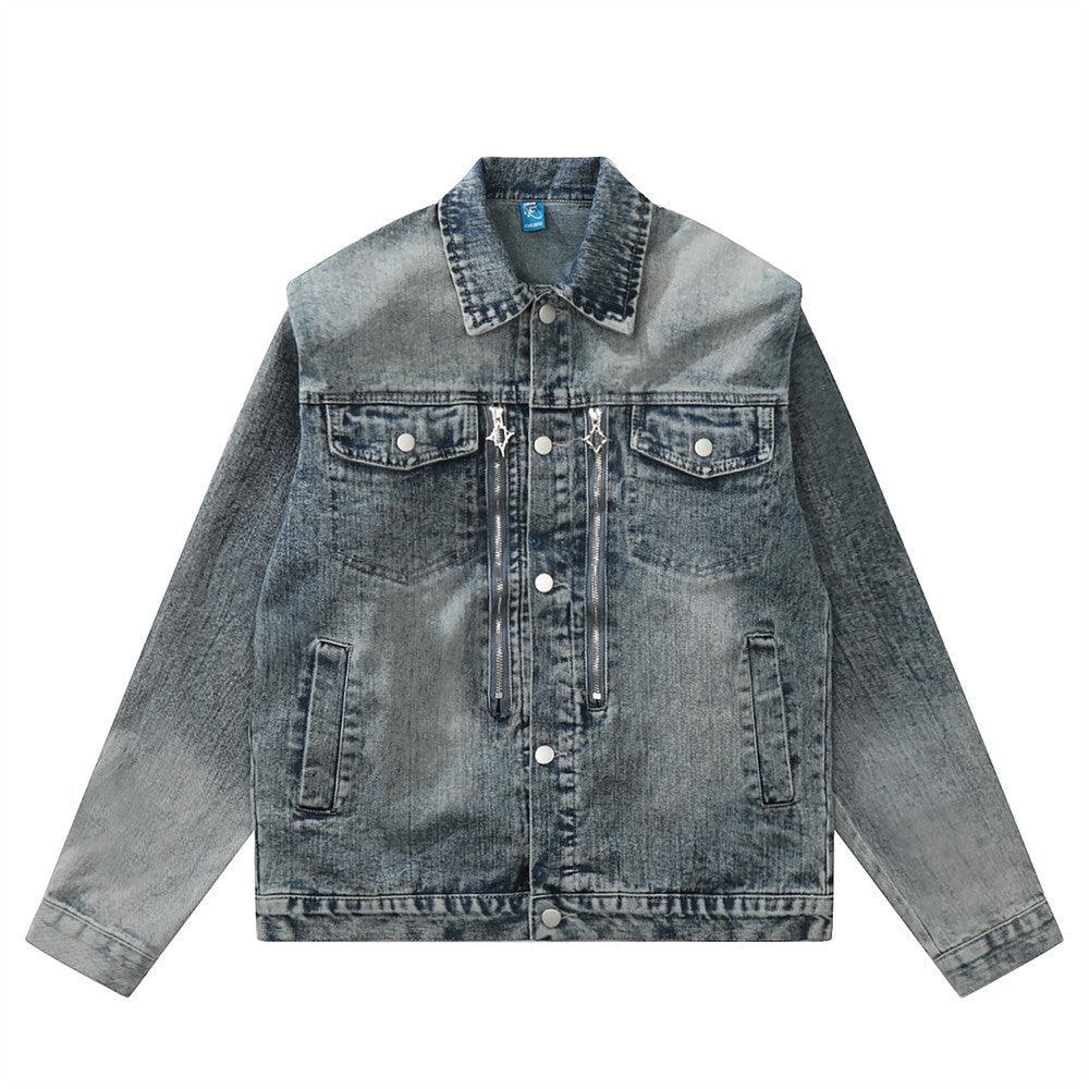 American Style Retro Washed Distressed Denim Jacket Men's Zipper Ruffle Handsome Stylish Brand Workwear Jacket - Cruish Home