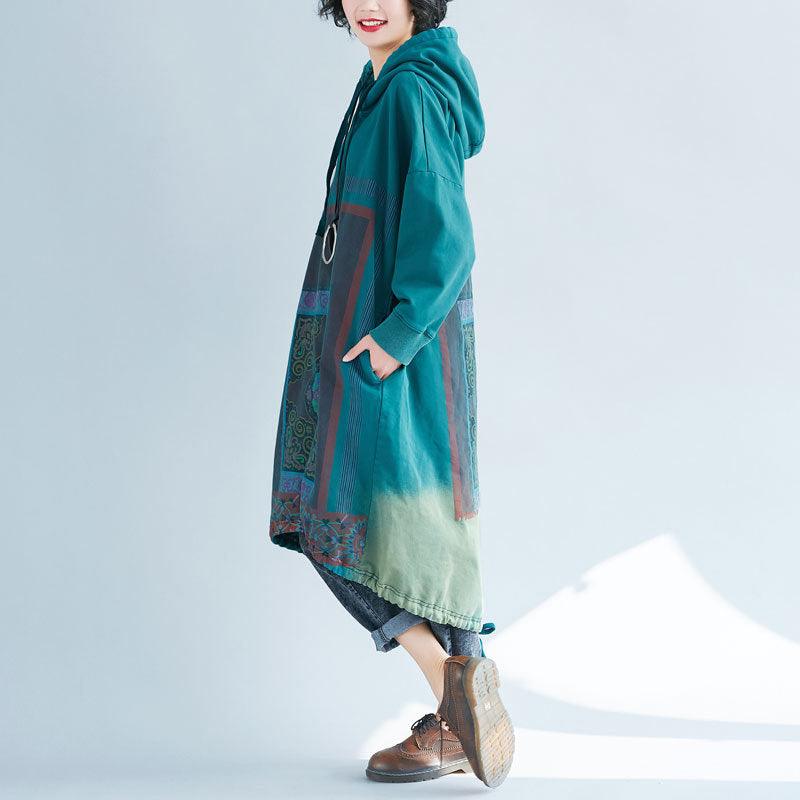 Hooded Sweater Loose Printed Long Dress Gradient Color - Cruish Home