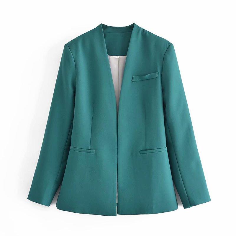 New Women's Suit Jacket Without Lapel Solid Color Long-sleeved Collar Pants - Cruish Home