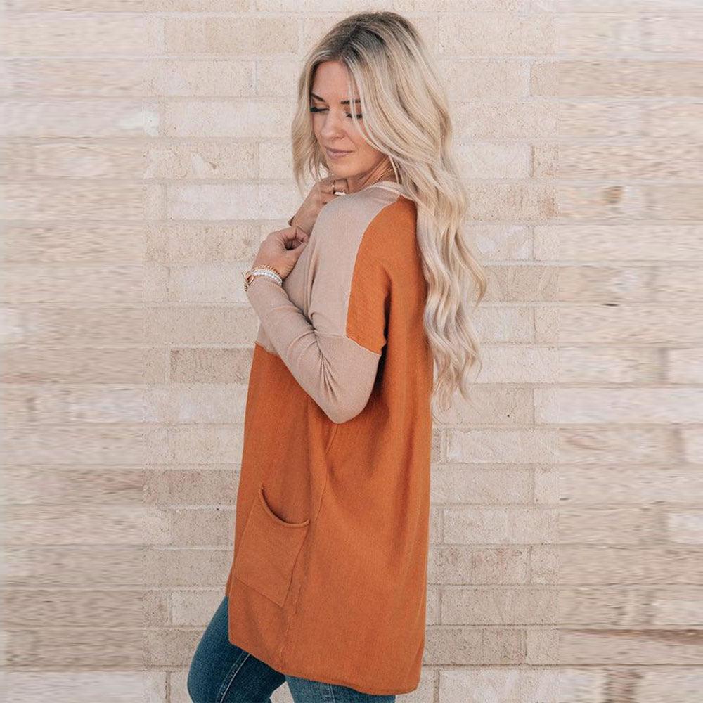 Women's Orange Pocket Color Matching Long-sleeved Top - Cruish Home