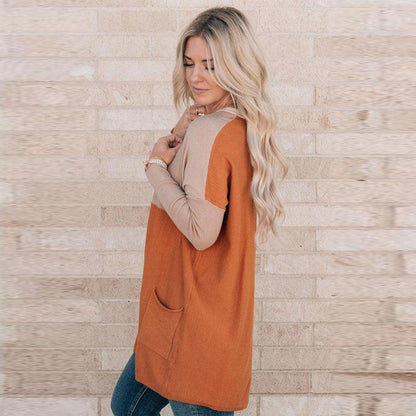 Women's Orange Pocket Color Matching Long-sleeved Top - Cruish Home