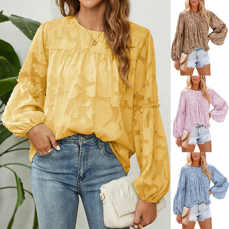 Chiffon Jacquard Floral Texture Lantern Sleeve Shirt