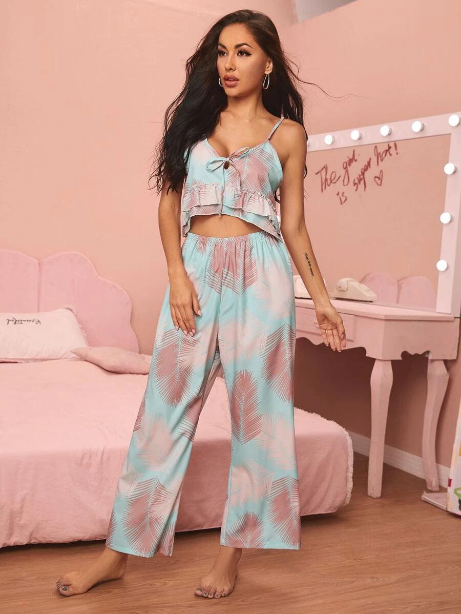 V-neck Sling Print Comfortable Pajama Set - Cruish Home