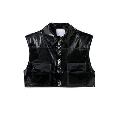 UP Leather Coat Padded Shoulder Glossy Half-length Vest Men's Lapel Metal Buckle Cardigan Vest Jacket Short - Cruish Home