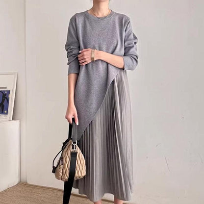 Autumn Elegance Retro Round Neck Irregular Design Loose Casual Patchwork Pleated Dress Women - Cruish Home