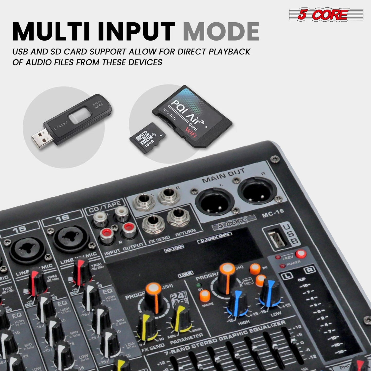 5Core Audio Mixer 16 Channel DJ Mixing Board Bluetooth USB Analog