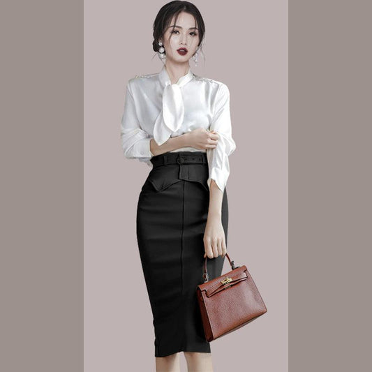 Bowknot Shirt Top Pocket Hip Skirt Professional Suit - Cruish Home