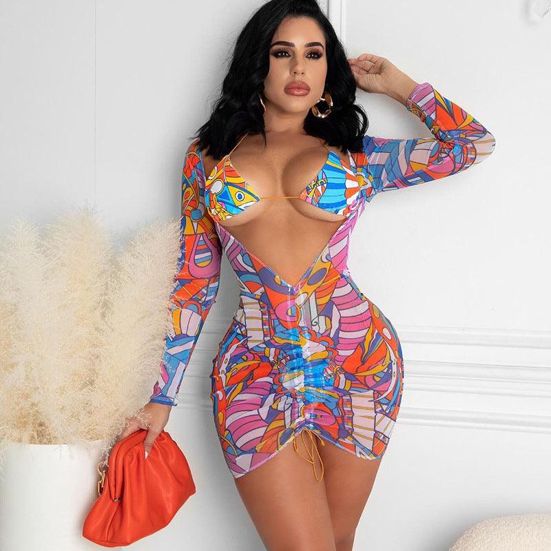 Printed Long-sleeved Lace-up Mesh Two-piece Suit - Cruish Home