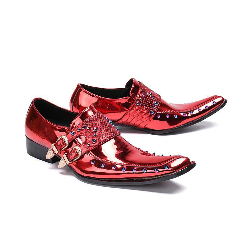 Korean Business Suit Leather Shoes Men's Pointed Patent Leather Embossed Wine Red - Cruish Home