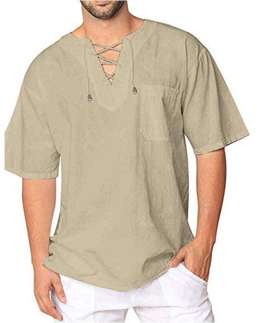 Eyelet Tie Cotton Linen Men's Short Sleeve Shirt - Cruish Home