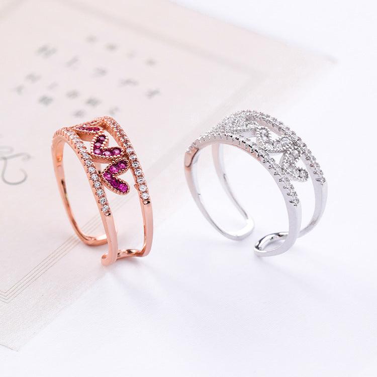 Rose red diamond hollow love opening ring wide version micro-inlaid zircon heart-shaped ring tail ring - Cruish Home