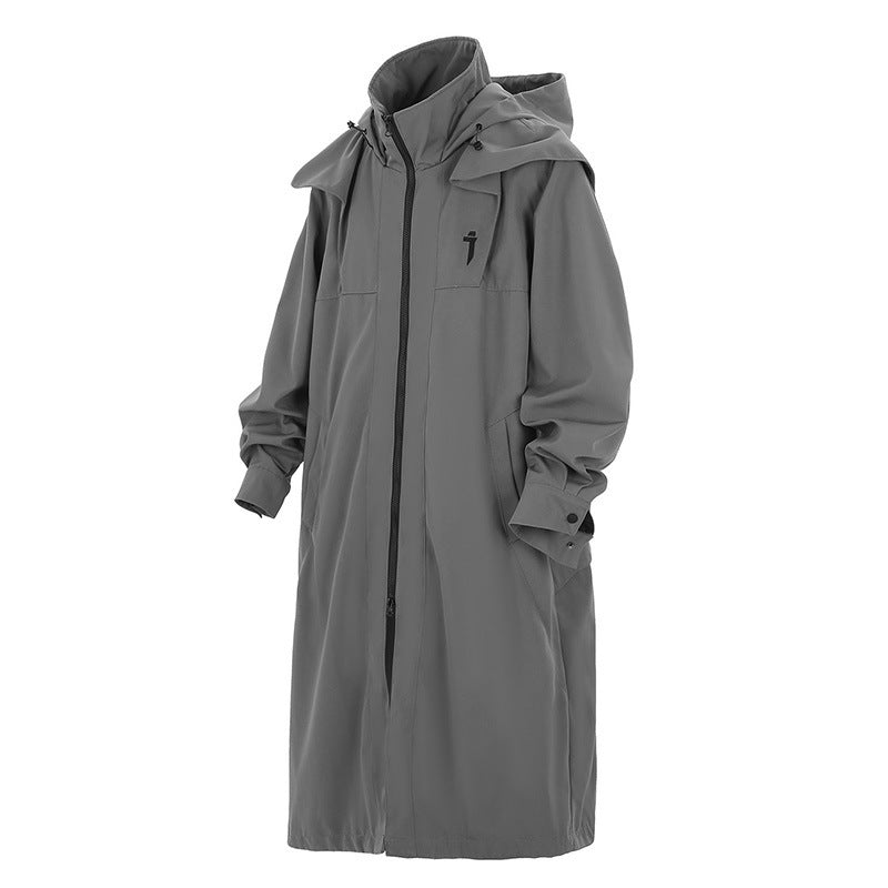 Mechanical Style Double Zipper Long Trench Coat Men's Loose Casual Hooded Coat