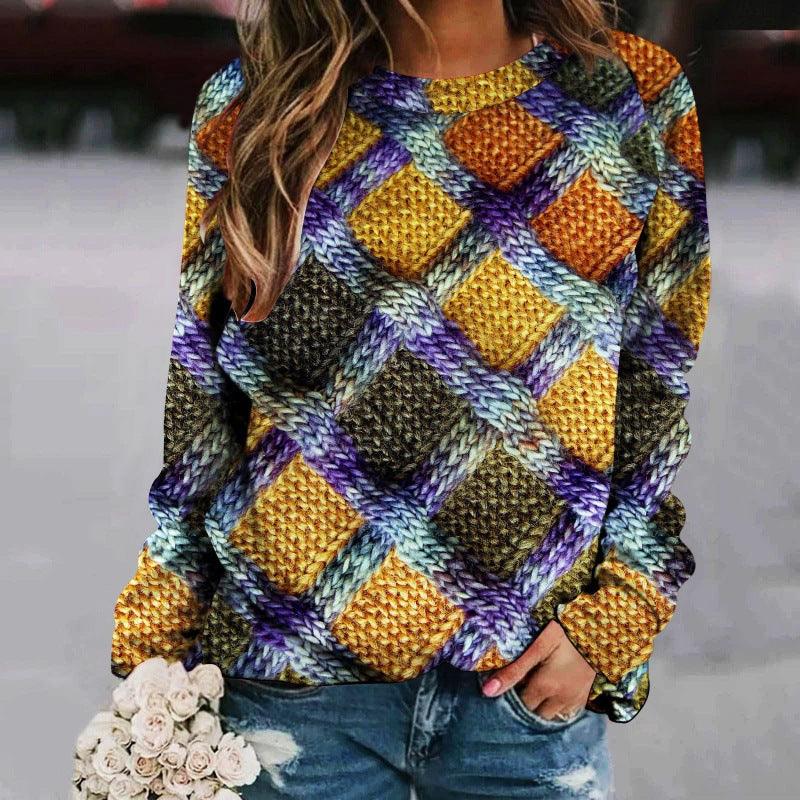 Printed Patchwork Round Neck Raglan Long Sleeve Women's Sweater - Cruish Home