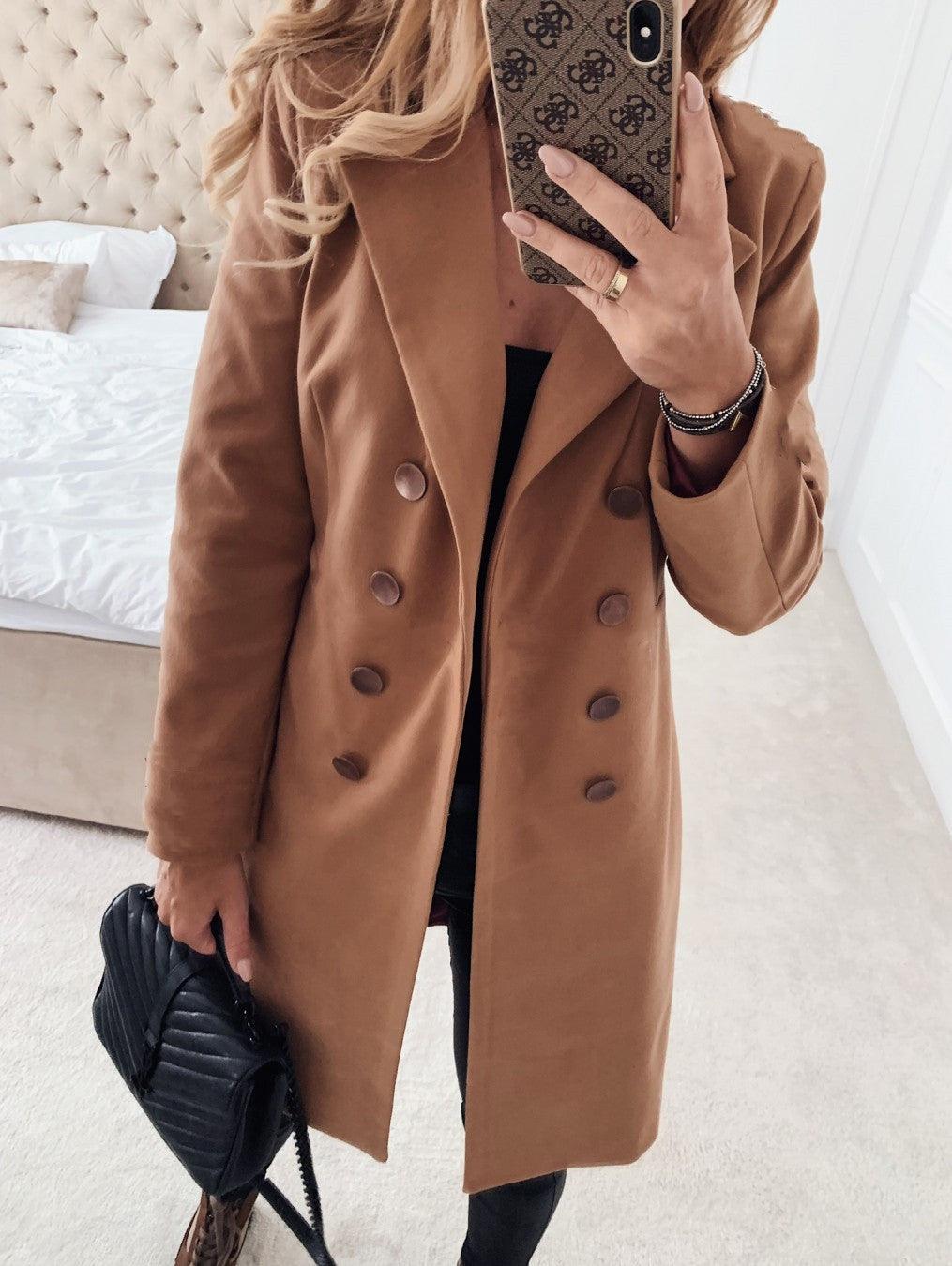 Solid color double breasted woolen coat - Cruish Home