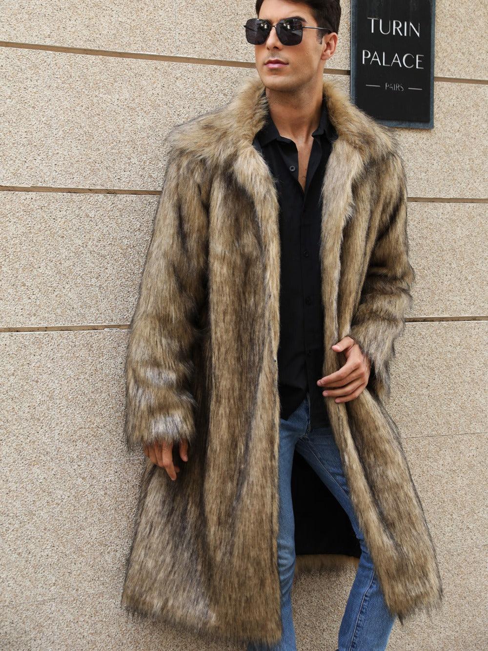 Yellow Lapel Imitation Fox Fur Men's Long Coat - Cruish Home