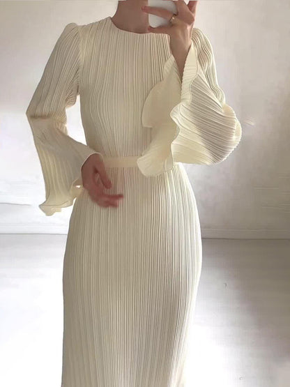 Elegant Pleated Bell Sleeve Mid-length Dress Women's Clothing - Cruish Home