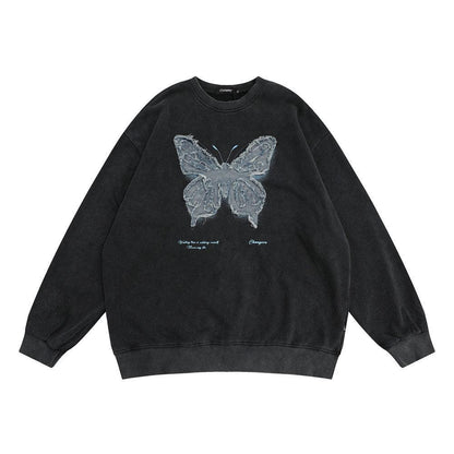 Denim Butterfly Patch Round Neck Sweater Autumn Loose Street - Cruish Home