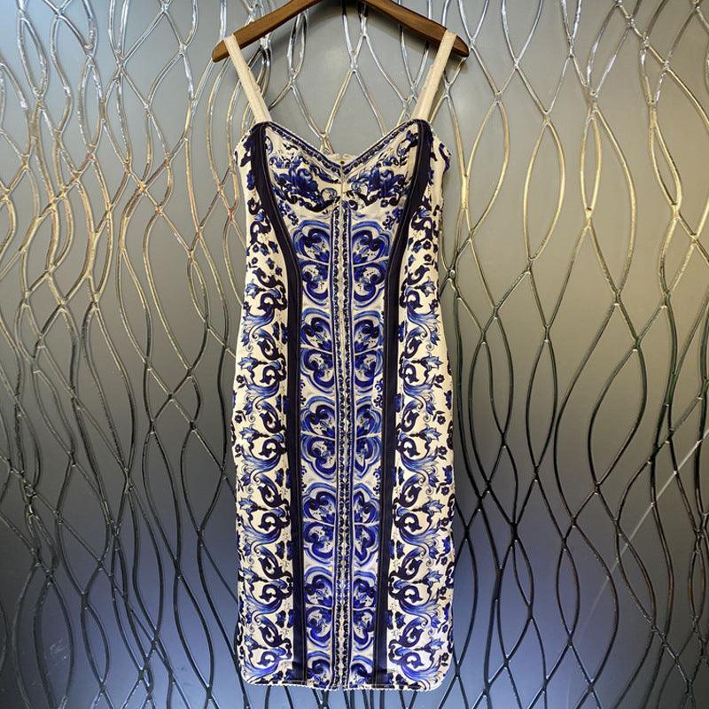 Vintage Blue And White Porcelain Print V-Neck Sleeveless Body Dress - Cruish Home