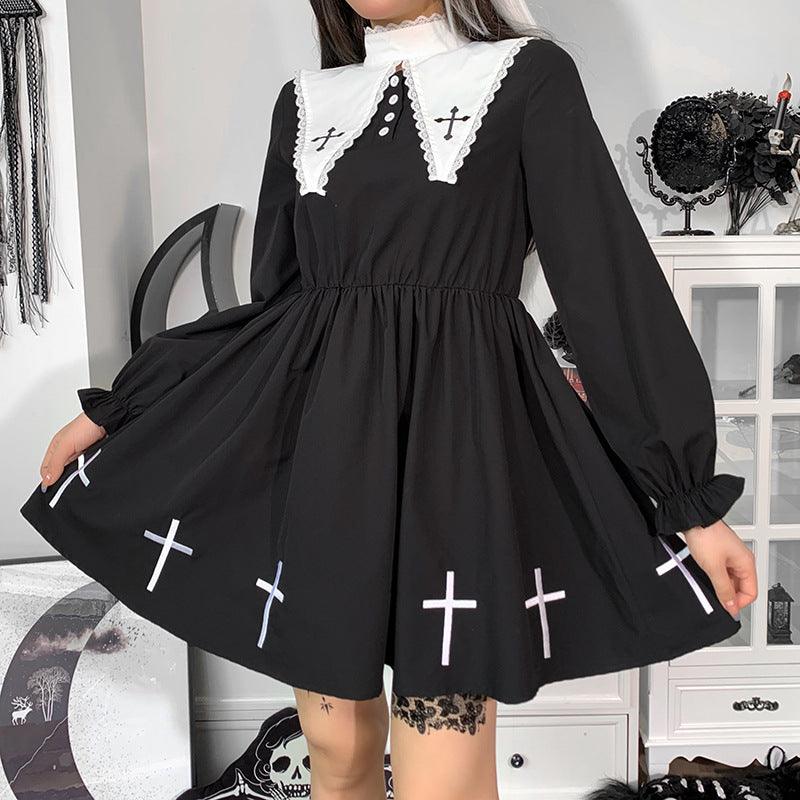 Contrasting color doll collar cross A dress - Cruish Home