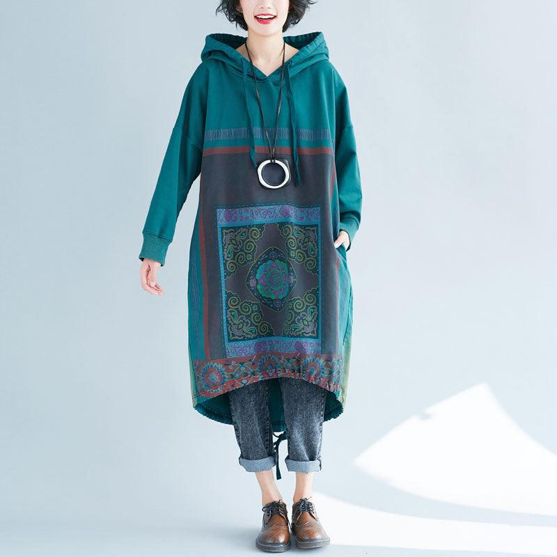 Hooded Sweater Loose Printed Long Dress Gradient Color - Cruish Home