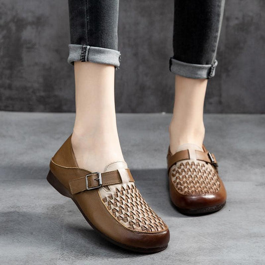 Vintage Leather Hand-woven Flat-heel Women's Shoes - Cruish Home