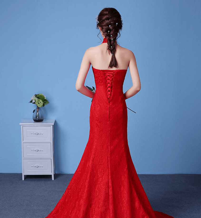 Big red wedding dress bride large size waist fishtail wedding dress palace fishtail tail Korean hanging neck - Cruish Home