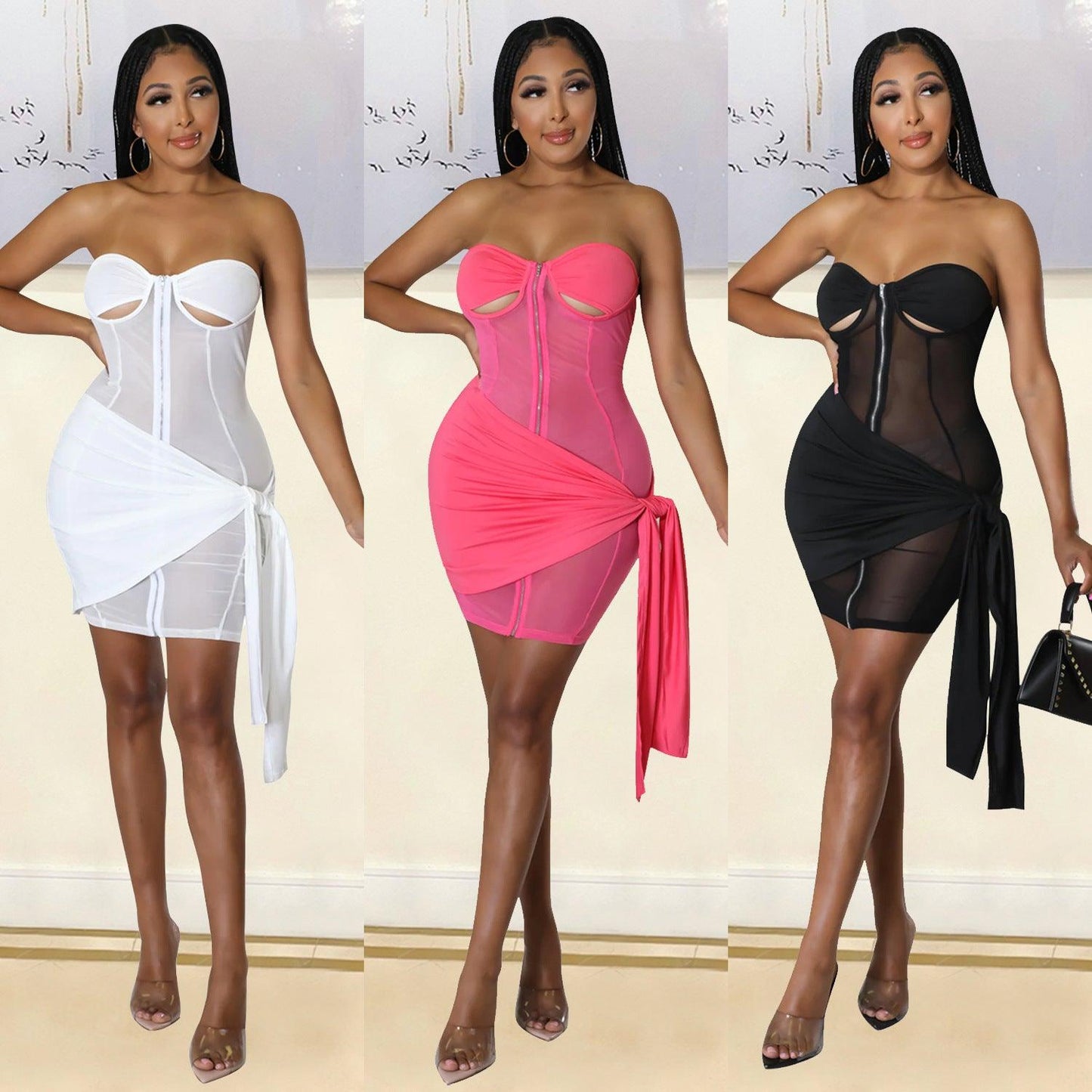 Women's Fitted Mesh Perspective Dress Two Piece Set - Cruish Home