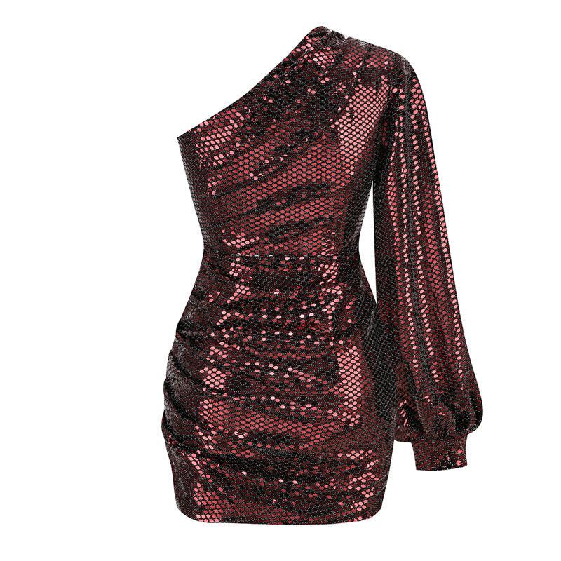 Women's Clothing Sexy One-shoulder Sequins Dress Slim-fit Flared Sleeves Sequin - Cruish Home