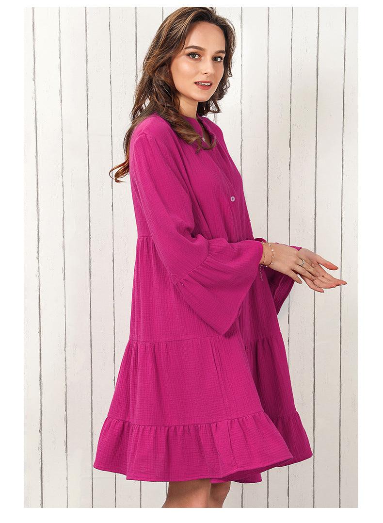 Women's Fashion Solid Color V-neck Long-sleeve Dress - Cruish Home