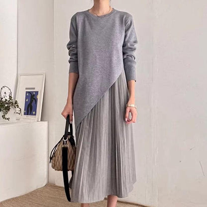 Autumn Elegance Retro Round Neck Irregular Design Loose Casual Patchwork Pleated Dress Women - Cruish Home