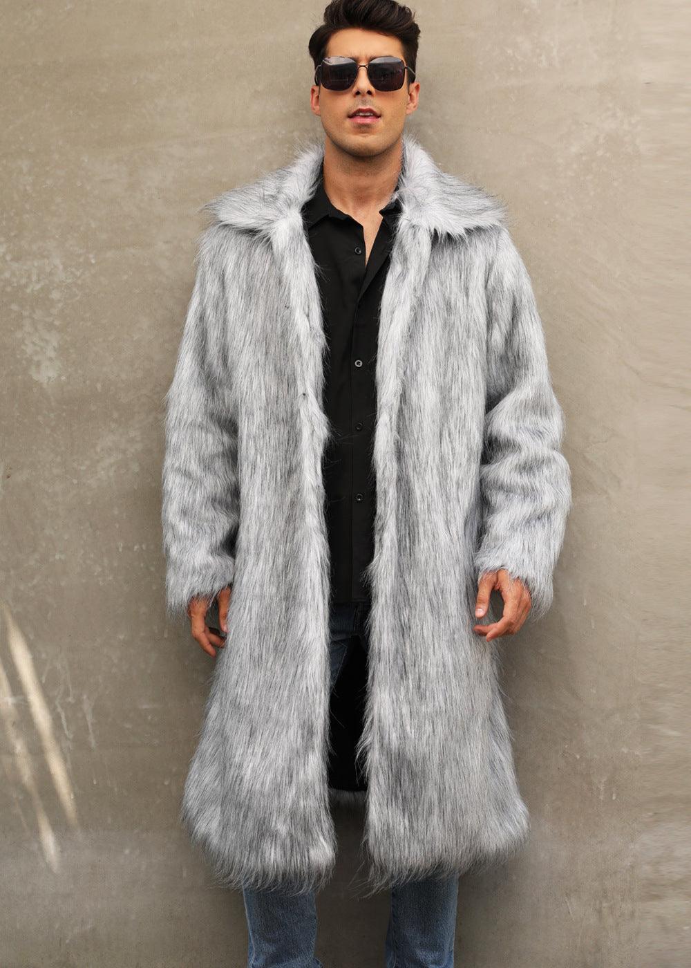 Yellow Lapel Imitation Fox Fur Men's Long Coat - Cruish Home