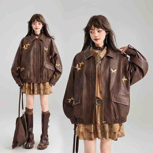 Butterfly Embroidery High-grade Brown Leather Coat