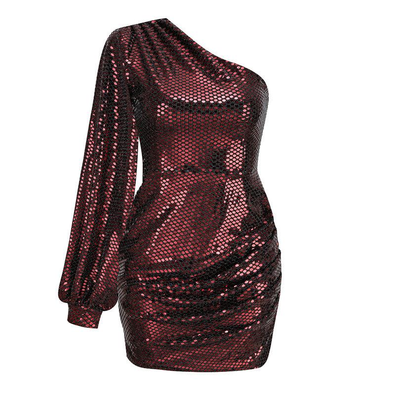 Women's Clothing Sexy One-shoulder Sequins Dress Slim-fit Flared Sleeves Sequin - Cruish Home