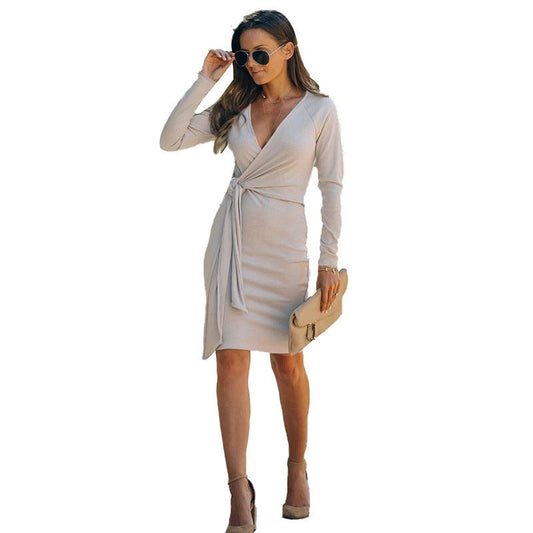 European And American Winter Pit Strip V-neck Slim Belt Dress - Cruish Home