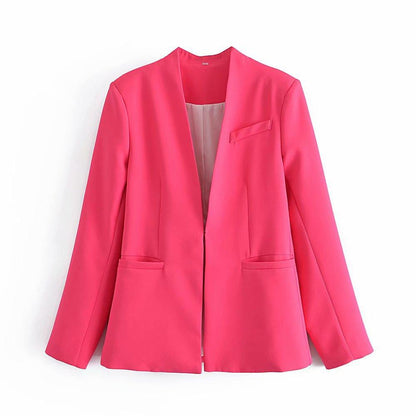 New Women's Suit Jacket Without Lapel Solid Color Long-sleeved Collar Pants - Cruish Home