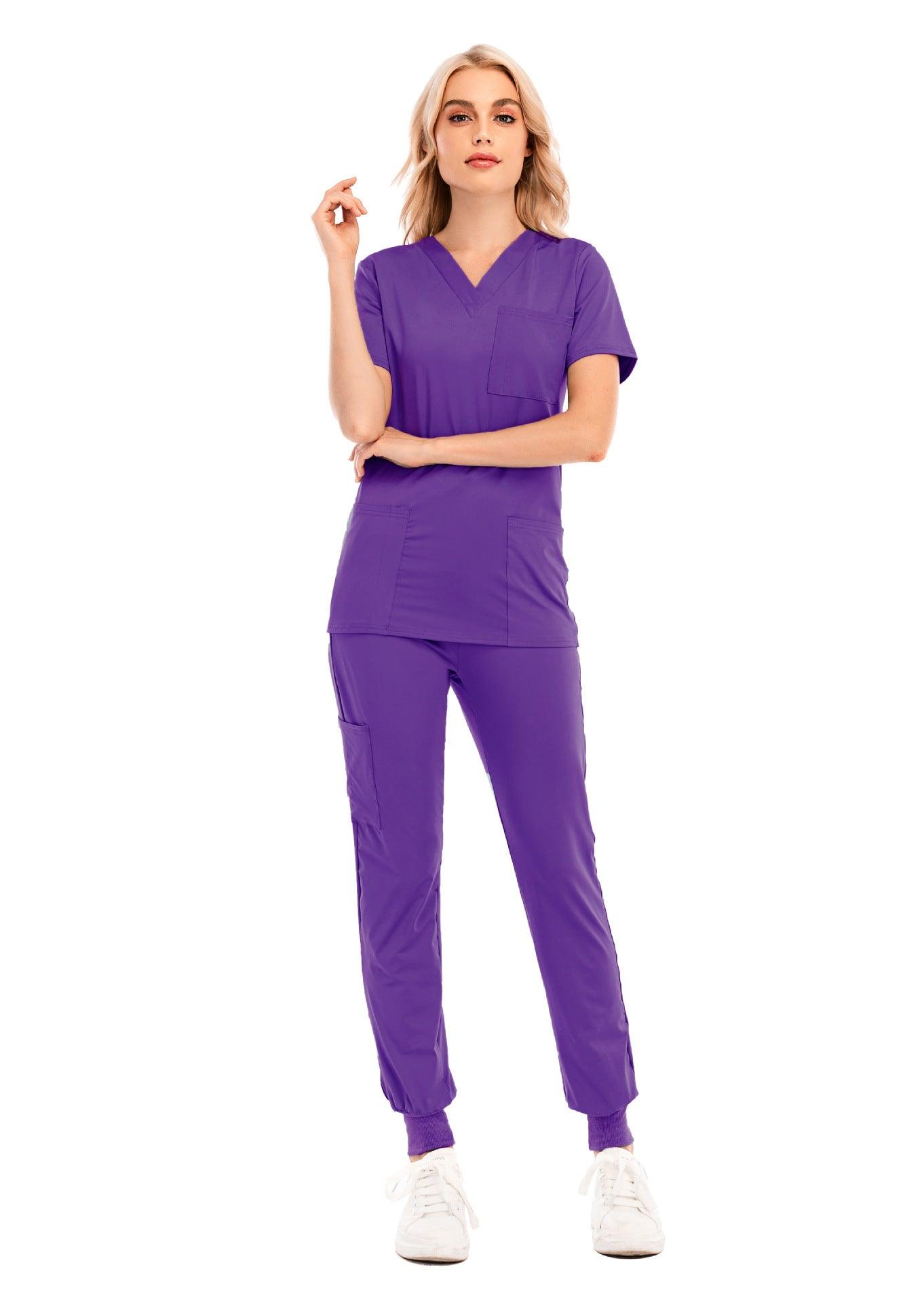 Solid Color V-neck Short-sleeved Pocket Nurse Suit - Cruish Home