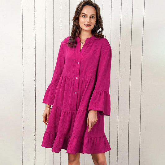 Women's Fashion Solid Color V-neck Long-sleeve Dress - Cruish Home