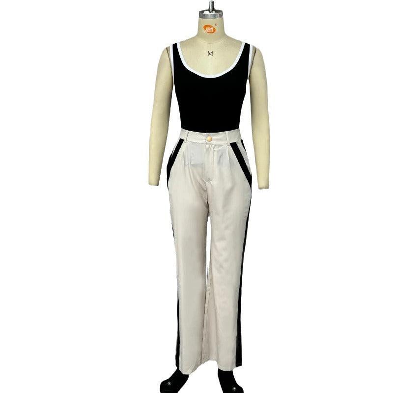 Autumn New Contrast Color Suspenders Slim High Waist Trousers Two-piece Set For Women - Cruish Home