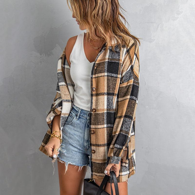 Women's Long-sleeved Lapel Button-breasted Plaid Shirt Jacket - Cruish Home